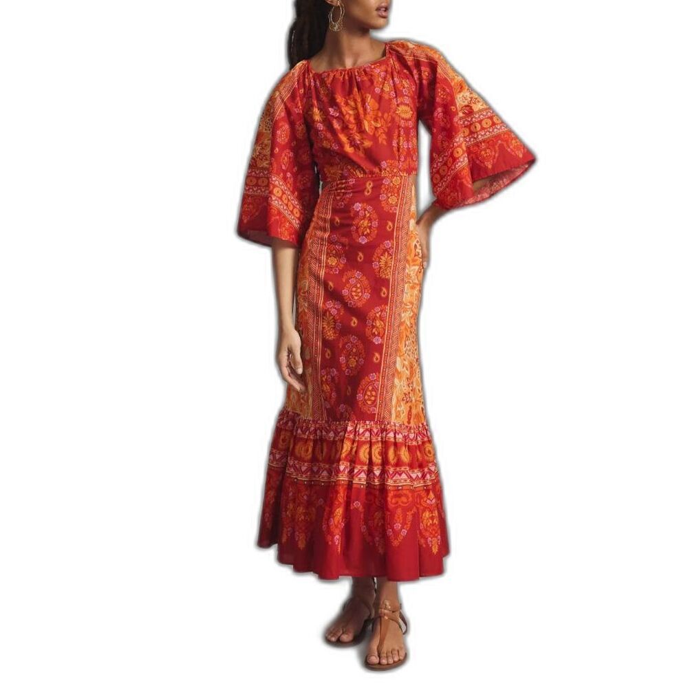 Farm Rio Cutout Vibrant Red Orange Long Sleeve Tiered Ham Cotton Maxi Dress M